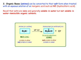 2. Organic Bases (amines) can be converted to their salt form when treated
with an aqueous solution of an inorganic acid such as HCl (hydrochloric acid).

Recall that salts are ionic and generally soluble in water but not soluble in
water-immiscible organic solvents.
 