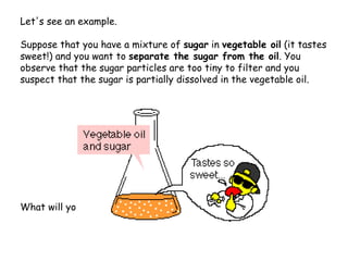 Let's see an example.

Suppose that you have a mixture of sugar in vegetable oil (it tastes
sweet!) and you want to separate the sugar from the oil. You
observe that the sugar particles are too tiny to filter and you
suspect that the sugar is partially dissolved in the vegetable oil.




What will you do?
 