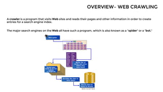 A crawler is a program that visits Web sites and reads their pages and other information in order to create
entries for a search engine index.
The major search engines on the Web all have such a program, which is also known as a "spider" or a "bot."
OVERVIEW– WEB CRAWLING
 