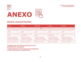 Orientación al sistema escolar
en contexto de COVID-19
7
ANEXO
Horario semanal familiar
Lunes Martes Miércoles Jueves Viernes
AM
Ayudar en las tareasde la
casa.
Ayudar en las tareasde la
casa.
Ayudar en las tareasde la
casa.
Ayudar en las tareas de la
casa.
Ayudar en las tareasde la
casa.
Vida activa:hacer ejercicio
físico
Vida activa: actividades
recreativas
Vida activa:hacer ejercicio
físico
Vida activa: actividades
recreativas
Vida activa:hacer ejercicio
físico
Trabajo académico*:
lenguaje, matemática o
alguna otra asignatura.
Trabajo académico:
lenguaje, matemática o
alguna otra asignatura.
Trabajo académico:
lenguaje, matemática o
alguna otra asignatura.
Trabajo académico:
lenguaje, matemática o
alguna otra asignatura.
Trabajo académico:
lenguaje, matemática o
alguna otra asignatura.
Diarios de escritura**. Diarios de escritura. Diarios de escritura. Diarios de escritura. Diarios de escritura.
*Trabajo académico: Usando tu texto escolar y las
planificaciones propuestas.
**Diarios deescritura:Paracadanivel, en lenguaje hay
un diario de escritura correspondiente.
 
