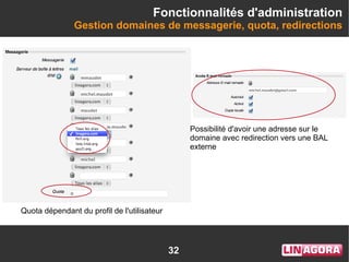 32
Fonctionnalités d'administration
Gestion domaines de messagerie, quota, redirections
Quota dépendant du profil de l'utilisateur
Possibilité d'avoir une adresse sur le
domaine avec redirection vers une BAL
externe
 