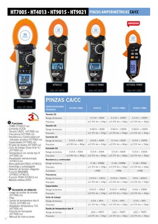PINZAS CA/CC
ESPECIFICACIONES
TÉCNICAS
HT7005 TRMS HT4013 HT9015 TRMS HT9021 TRMS
Tensión CC
Rango de lectura: - 0.1mV ÷ 600V 0.1mV ÷ 1000V 0.1mV ÷ 1000V
Precisión: - ±(1.5% lec.+ 2díg.) ±(1.0% lec.+ 3díg.) ±(1.0% lec.+ 3díg.)
Tensión CA
Rango de lectura: - 0.001V ÷ 600V 0.001V ÷ 1000V 0.001V ÷ 1000V
Precisión: - ±(1.5% lec.+ 5díg.) ±(1.0% lec.+ 10díg.) ±(1.0% lec.+ 4díg.)
Corriente CC
Rango de lectura: 0.01A ÷ 400A 0.01A ÷ 400A 0.1mA ÷ 600A 0.01A ÷ 1000A
Precisión: ±(2.8% lec.+ 8díg.) ±(2.5% lec.+ 5díg.) ±(2.0% lec.+ 8díg.) ±(2.0% lec.+ 5díg.)
Corriente CA
Rango de lectura: 0.01A ÷ 400A 0.01A ÷ 400A 0.01A ÷ 600A 0.01A ÷ 1000A
Precisión: ±(2.8% lec.+ 8díg.) ±(2.5% lec.+ 8díg.) ±(2.2% lec.+ 8díg.) ±(2.0% lec.+ 4díg.)
Resistencia y continuidad
Rango de lectura: - 0.1Ω ÷ 40MΩ 0.1Ω ÷ 60MΩ 0.1Ω ÷ 60kΩ
Precisión: - ±(1.5% lec.+ 2díg.) ±(1.0% lec.+ 5díg.) ±(1.0% lec.+ 5díg.)
Zumbador: - 30Ω 60Ω 50Ω
Frecuencia
Rango de lectura: - 0.01Hz ÷ 10kHz 0.01Hz ÷ 60kHz 10Hz ÷ 400Hz
Precisión: - ±(1.5% lec.+ 2díg.) ±(1.0% lec.+ 5díg.) ±(1.0% lec.+ 5díg.)
Capacidades
Rango de lectura: - 0.01nF ÷ 100µF 0.01nF ÷ 4000µF 0.01k ÷ 1000k
Precisión: - ±(3.0% lec.+ 5díg.) ±(2.5% lec.+ 5díg.) ±(2.0% lec.+ 3díg.)
Ciclo de trabajo
Rango de lectura: - 0.5% ÷ 99% 0.5% ÷ 99% 0.5% ÷ 99%
Precisión: - ±(1.2% lec.+ 2díg.) ±(1.2% lec.+ 2díg.) ±(1.2% lec.+ 2díg.)
Sonda de temperatura tipo K
Rango de lectura: - -20ºC ÷ 760ºC -20ºC ÷ 760ºC -20ºC ÷ 760ºC
Precisión: - ±(3.0% lec.+ 5díg.) ±(2.0% lec.+ 3díg.) ±(2.0% lec.+ 3díg.)
HT7005 · HT4013 · HT9015 · HT9021 PinzaS AMPERIMÉTRICAS CA/CC
Accesorios en dotación
-- Juego de puntas de prueba 	
	 (HT7005 no)
-- Pilas
-- Sonda de temperatura tipo K 	
	 TK101 (HT7005 no)
-- Adaptador temperatura T10 	
	 (HT7005 no)
-- Estuche de transporte 		
	 (HT7005 no)
-- Manual de instrucciones
Funciones
- TRMS (HT4013 no)
- Corriente CC/CA
- Tensión CA/CC (HT7005 no)
- Frecuencia (HT7005 no)
- Resistencia y Continuidad con
	 indicador acústico (HT7005 no)
- Capacidades (HT7005 no)
- Prueba de diodos (HT7005 no)
- Ciclo de trabajo (Duty Cicle %)
	 (HT7005 no)
- Temperatura con sonda tipo K
	 (HT7005 no)
- Visualizador retroiluminado
	 (HT4013 no)
- Barra gráfica(HT9021-HT9015)
- Autorango y autoapagado
- Detector de tensión integrado
- Función MAX/MIN
	(HT9021-HT9015)
- Función PEAK (HT4013 no)
- Medida relativa ZERO
HT7005 TRMS
Cód. HT: 1051
HT4013
Cód. HT: 0916
HT9015 TRMS
Cód. HT: 0913
HT9021 TRMS
Cód. HT: 0914
45
mm
30
mm
30
mm
20
mm
42
 