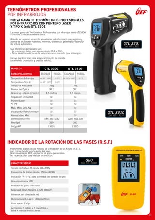 NUEVA GAMA DE TERMÓMETROS PROFESIONALES
POR INFRARROJOS CON PUNTERO LÁSER
Y TIPO K (sólo GTL 3301)
La nueva gama de Termómetros Profesionales por infrarrojos serie GTL3300
consta de 2 modelos diferenciados.
Además incorporan un amplio visualizador retroiluminado con registros y
alarma de los valores máximos, mínimos, diferencial, promedio y retención
de lectura automática.
Sus diferencias principales son:
- La resolución óptica que abarca desde 30:1 a 50:1.
- Dicha serie toma lecturas de temperatura sin contacto (por infrarrojos).
Incluye puntero láser para asegurar el punto de medida
(obteniendo una rápida y precisa lectura).
Instrumento digital para la medida de la Rotación de las Fases (R.S.T.),
con indicación de tensión entre las fases.
Gran visualizador LCD y protector de goma para caídas.
No necesita pilas para realizar las medidas.
MODELOS GTL 3301 GTL 3310
ESPECIFICACIONES ESCALAS RESOL. ESCALAS RESOL.
Temperatura Infrarrojos de -50º a 1000º 0,1ºC de -50º a 1000º 0,1ºC
Temperatura Tipo K de -50º a 1370º 0,1ºC
Tiempo de Respuesta 1 seg. 1 seg.
Resolución Óptica 30:1 50:1
Alcance (ej.: objetos de 5 cm.) 1,5 metros 2,5 metros
Regulación Emisividad SI SI
Puntero Láser SI SI
ºC ó ºF SI SI
Max / Min / Dif / Avg SI SI
Visualizador Retroiluminado SI SI
Alarma Max / Min SI SI
Dimensiones (mm) 100 x 56 x 230 120 x 65 x 230
Peso (gr) 290 290
Código HT 13301 13310
CARACTERÍSTICAS
Tensión de trabajo CA desde 40 a 690V
Frecuencia de trabajo desde: 15Hz a 400Hz
Indicación “R” y “L” para la medida del sentido de giro
Gran visualizador LCD
Protector de goma anticaidas
Seguridad: IEC/EN61010-1, CAT III 600V
Alimentación: directa de red
Dimensiones (LxLaxH): 130x69x22mm
Peso: aprox. 130gr.
Accesorios: 3 cables + 3 cocodrilos +
bolsa + manual instrucciones
TERMÓMETROS PROFESIONALES
POR INFRARROJOS
INDICADOR DE LA ROTACIÓN DE LAS FASES (R.S.T.)
G80
Cód. HT: 13080
GTL 3301
Cód. HT: 13301
GTL 3310
Cód. HT: 13310
51
 