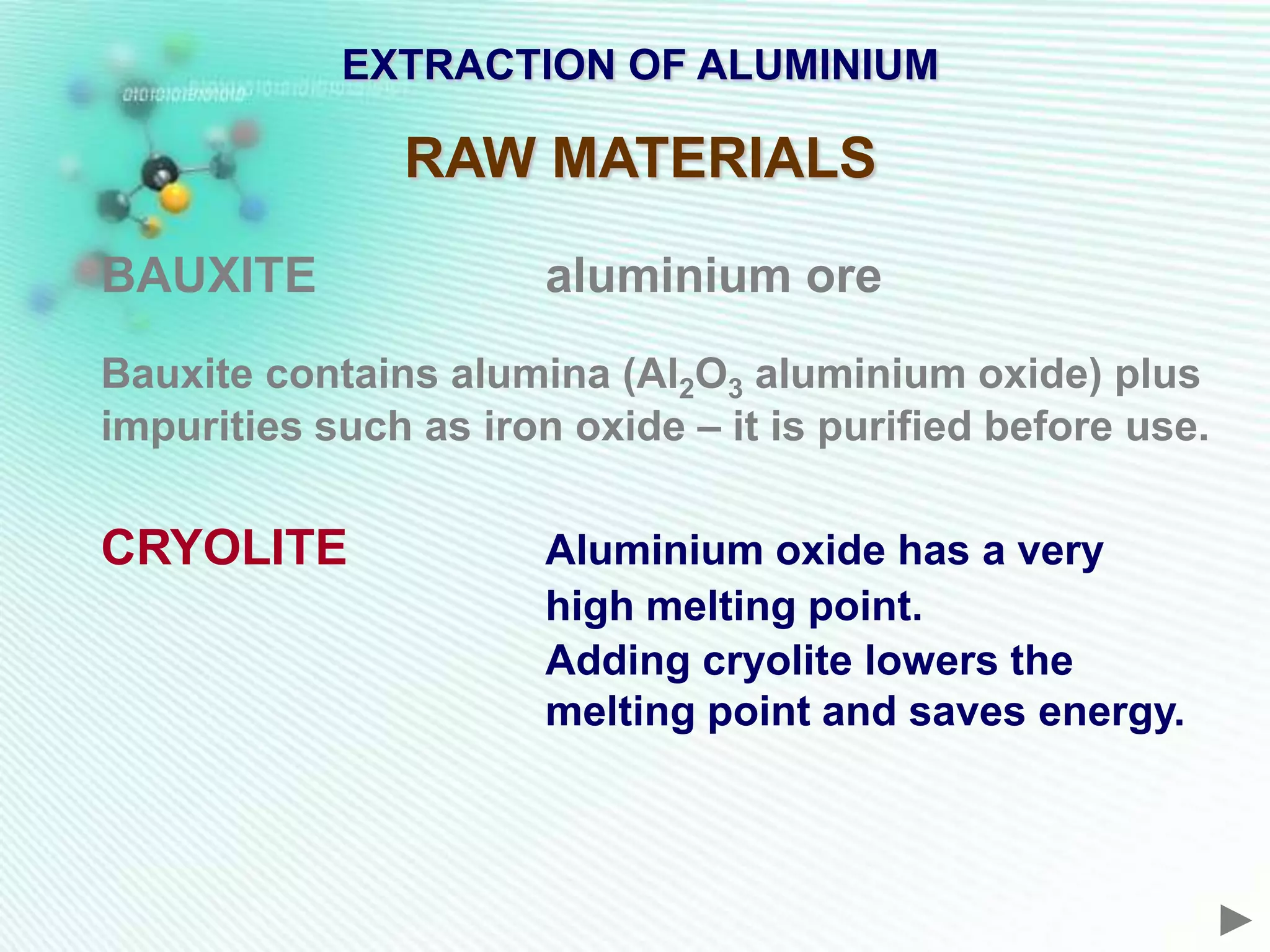 EXTRACTION OF ALUMINIUM

               RAW MATERIALS

BAUXITE                aluminium ore
Bauxite contains alumina (Al2O3 aluminium oxide) plus
impurities such as iron oxide – it is purified before use.

CRYOLITE               Aluminium oxide has a very
                       high melting point.
                       Adding cryolite lowers the
                       melting point and saves energy.
 