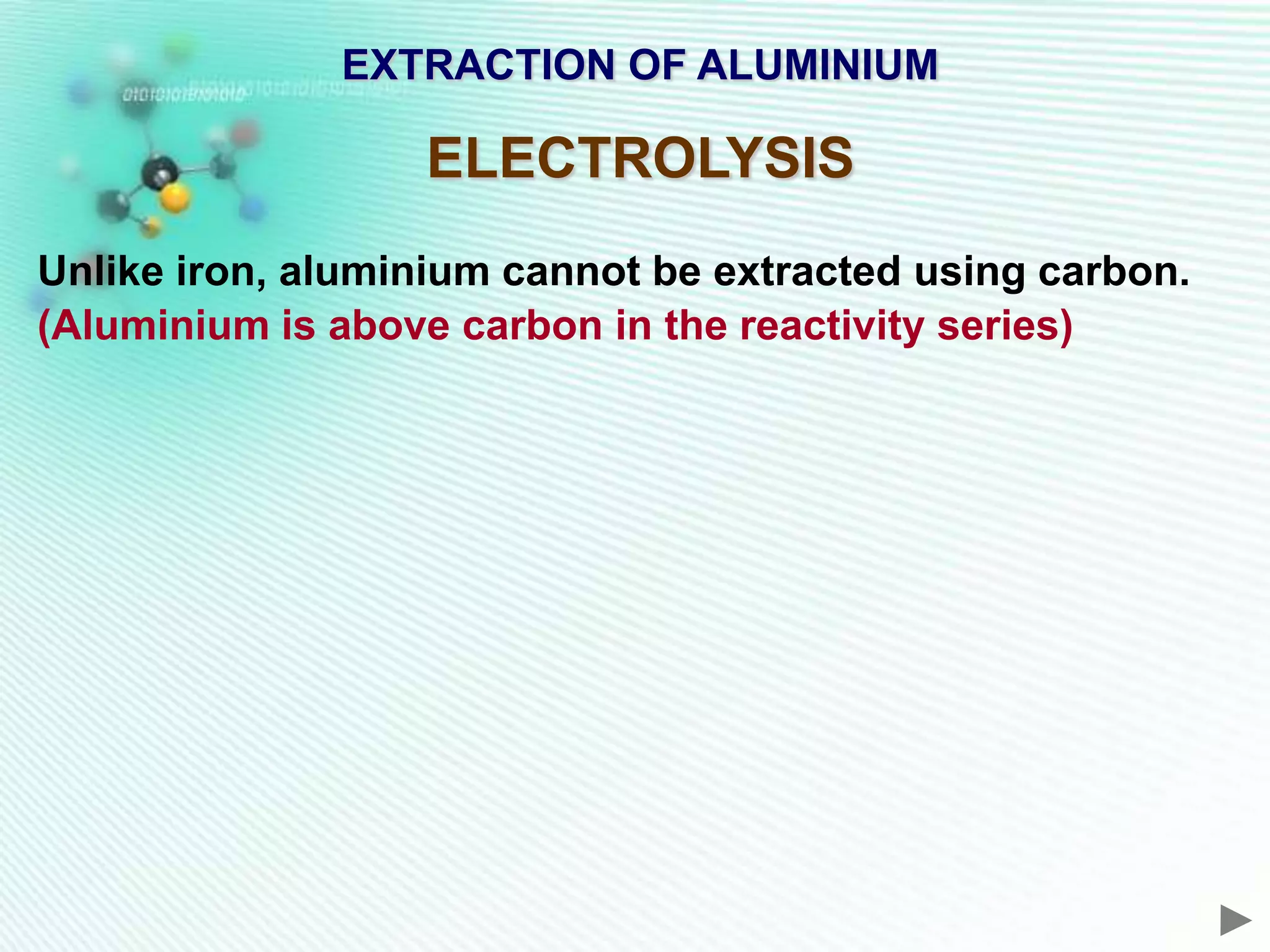 EXTRACTION OF ALUMINIUM

                  ELECTROLYSIS
Unlike iron, aluminium cannot be extracted using carbon.
(Aluminium is above carbon in the reactivity series)
 