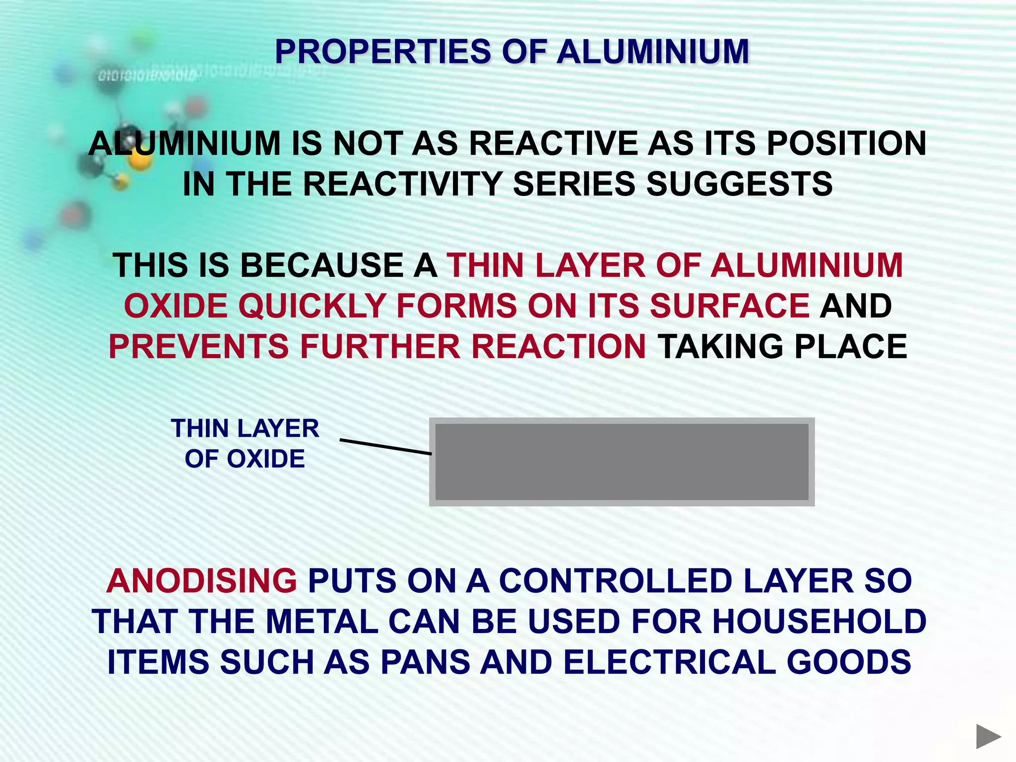 PROPERTIES OF ALUMINIUM

ALUMINIUM IS NOT AS REACTIVE AS ITS POSITION
    IN THE REACTIVITY SERIES SUGGESTS

 THIS IS BECAUSE A THIN LAYER OF ALUMINIUM
  OXIDE QUICKLY FORMS ON ITS SURFACE AND
 PREVENTS FURTHER REACTION TAKING PLACE

    THIN LAYER
     OF OXIDE



 ANODISING PUTS ON A CONTROLLED LAYER SO
THAT THE METAL CAN BE USED FOR HOUSEHOLD
 ITEMS SUCH AS PANS AND ELECTRICAL GOODS
 