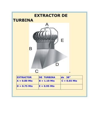 EXTRACTOR DE
TURBINA




                                       e


 EXTRACTOR       DE TURBINA     de   38"
 A = 0.80 Mts    B = 1.10 Mts   C = 0.65 Mts

 D = 0.75 Mts    E = 0.95 Mts
 