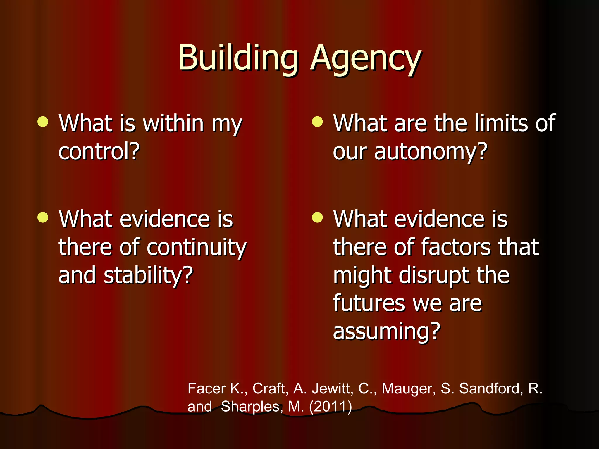 Building Agency What is within my control? What evidence is there of continuity and stability?  What are the limits of our autonomy?  What evidence is there of factors that might disrupt the futures we are assuming? Facer K., Craft, A. Jewitt, C., Mauger, S. Sandford, R. and  Sharples, M. (2011)  