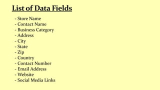- Store Name
- Contact Name
- Business Category
- Address
- City
- State
- Zip
- Country
- Contact Number
- Email Address
- Website
- Social Media Links
 