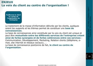 ENJEUX
La voix du client au centre de l’organisation !
16
Reproduction intégrale ou partielle illicite
Positionner le client
au centre de
l’organisation de
l’entreprise
Le traitement de la masse d’information délivrée par les clients, quelques
soient les supports et les thèmes permet de constituer une base de
connaissances.
La base de connaissances ainsi constituée par la voix du client est unique et
peut être mutualisée entre les différents services de l’entreprise créant
ainsi de fortes synergies et de fortes cohérences entre ces services :
Communication, Développement, Marketing, Relation clients (téléphone, e-
mail, site internet et réseaux sociaux)… .
La base de connaissance positionne de fait, le client au centre de
l’organisation.
Assurance&Voixduclient-Unenjeustratégiquemajeur!
ProposéparJean-LucGambey
 