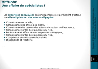 24
Reproduction intégrale ou partielle illicite
Assurance&Voixduclient-Unenjeustratégiquemajeur!
ProposéparJean-LucGambey
Les expertises conjuguées sont indispensables et permettent d’obtenir
une démultiplication des valeurs dégagées.
Connaissance sectorielle,
Connaissance des offres, des clients,
Connaissance des besoins des acteurs du secteur de l’assurance,
Connaissance sur les best practices du web,
Performance et efficacité des moyens technologiques,
Connaissance sur les best practices du web,
Compétence des ressources humaines,
Disponibilité et réactivité.
.
METHODE
Une affaire de spécialistes !
 