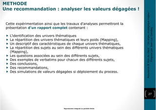 27
Reproduction intégrale ou partielle illicite
Assurance&Voixduclient-Unenjeustratégiquemajeur!
ProposéparJean-LucGambey
Cette expérimentation ainsi que les travaux d'analyses permettront la
présentation d’un rapport complet contenant :
L’identification des univers thématiques
La répartition des univers thématiques et leurs poids (Mapping),
Un descriptif des caractéristiques de chaque univers thématiques,
La répartition des sujets au sein des différents univers thématiques
(Mapping),
Les questions associées au sein des différents sujets,
Des exemples de verbatims pour chacun des différents sujets,
Des conclusions,
Des recommandations,
Des simulations de valeurs dégagées si déploiement du process.
METHODE
Une recommandation : analyser les valeurs dégagées !
 