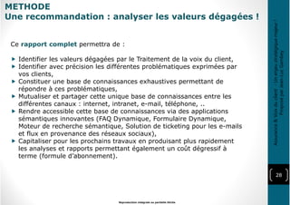 28
Reproduction intégrale ou partielle illicite
Assurance&Voixduclient-Unenjeustratégiquemajeur!
ProposéparJean-LucGambey
Ce rapport complet permettra de :
Identifier les valeurs dégagées par le Traitement de la voix du client,
Identifier avec précision les différentes problématiques exprimées par
vos clients,
Constituer une base de connaissances exhaustives permettant de
répondre à ces problématiques,
Mutualiser et partager cette unique base de connaissances entre les
différentes canaux : internet, intranet, e-mail, téléphone, ..
Rendre accessible cette base de connaissances via des applications
sémantiques innovantes (FAQ Dynamique, Formulaire Dynamique,
Moteur de recherche sémantique, Solution de ticketing pour les e-mails
et flux en provenance des réseaux sociaux),
Capitaliser pour les prochains travaux en produisant plus rapidement
les analyses et rapports permettant également un coût dégressif à
terme (formule d’abonnement).
METHODE
Une recommandation : analyser les valeurs dégagées !
 