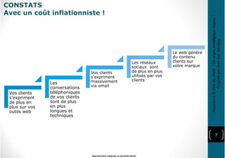 CONSTATS
Avec un coût inflationniste !
7
Reproduction intégrale ou partielle illicite
Vos clients
s’expriment
de plus en
plus sur vos
outils web
Les
conversations
téléphoniques
de vos clients
sont de plus
en plus
longues et
techniques
Vos clients
s’expriment
massivement
via email
Les réseaux
sociaux sont
de plus en plus
utilisés par vos
clients
Le web génère
du contenu
clients sur
votre marque
Assurance&Voixduclient-Unenjeustratégiquemajeur!
ProposéparJean-LucGambey
 