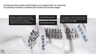 Si la plupart des achats se font toujours en magasin (64% en moyenne)
l’e-commerce devient un réﬂexe pour toutes les tranches d’âges
Source : Kantar & Google, 2021 | Photo @Laura Chouette - Unsplash
38% des – de 29 ans déclarent faire
leurs achats d’articles de luxe en ligne,
notamment dans les catégories
“vêtements” et “sacs et accessoires”.
32% chez les 30-49 ans
26% chez les 50 ans et +
Les acheteurs conﬁent faire davantage
de recherches sur les produits en ligne
(93%) qu’hors ligne (88%).
8
 