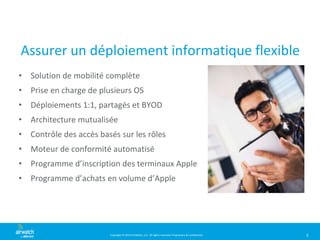 Copyright © 2014 AirWatch, LLC. All rights reserved. Proprietary & Confidential.
Assurer un déploiement informatique flexible
• Solution de mobilité complète
• Prise en charge de plusieurs OS
• Déploiements 1:1, partagés et BYOD
• Architecture mutualisée
• Contrôle des accès basés sur les rôles
• Moteur de conformité automatisé
• Programme d’inscription des terminaux Apple
• Programme d’achats en volume d’Apple
5
 