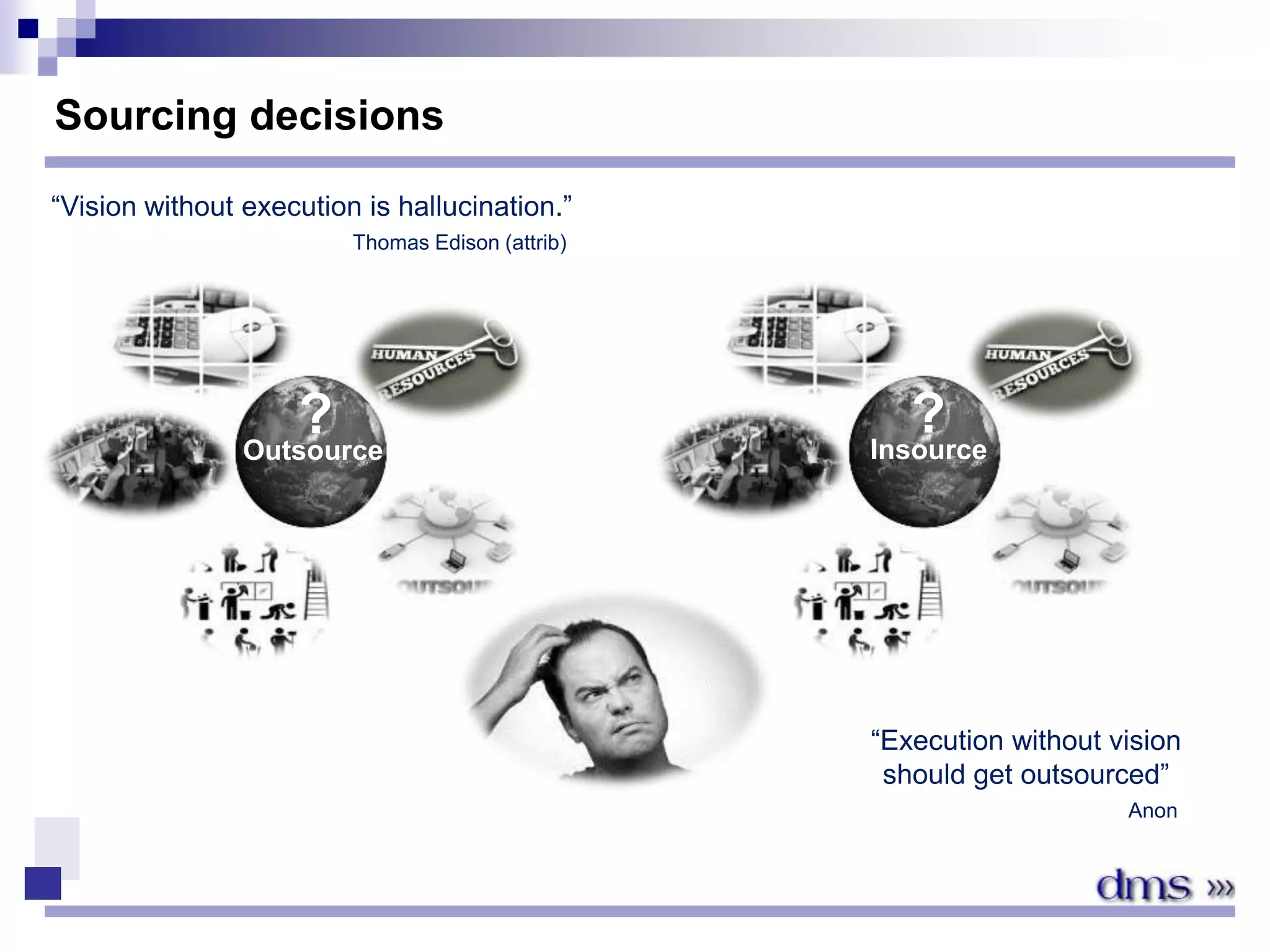 Outsource Insource
Sourcing decisions
? ?
“Vision without execution is hallucination.”
Thomas Edison (attrib)
“Execution without vision
should get outsourced”
Anon
 