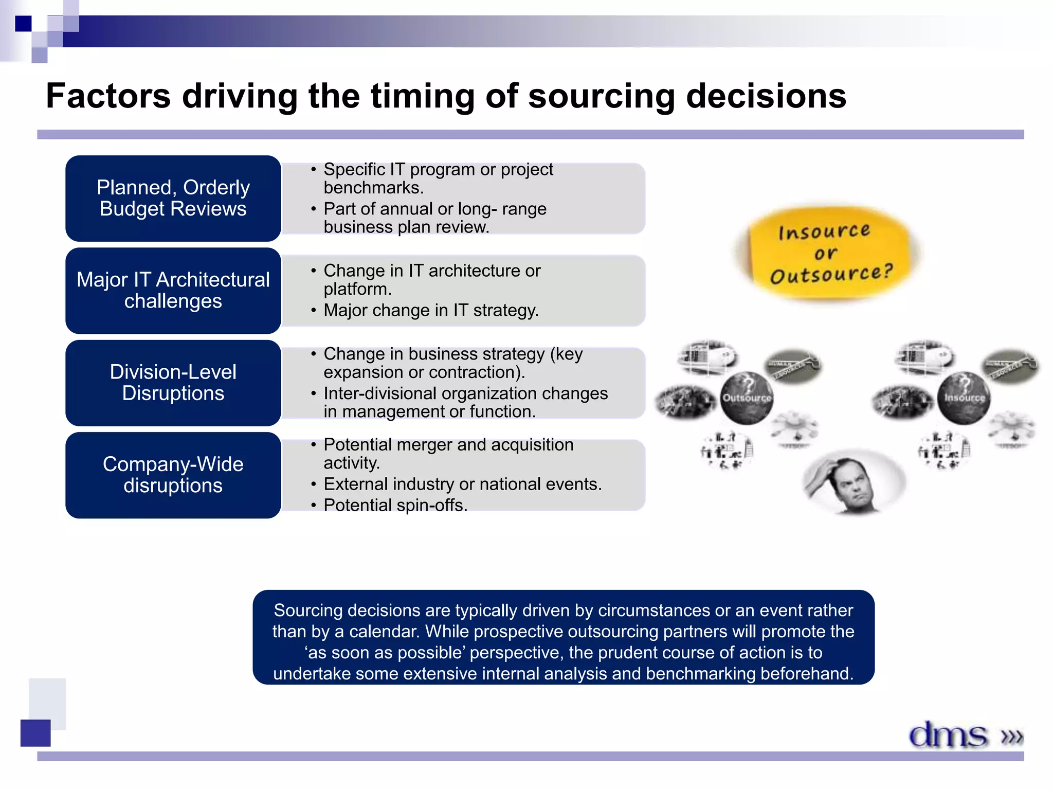 Factors driving the timing of sourcing decisions
• Specific IT program or project
benchmarks.
• Part of annual or long- range
business plan review.
Planned, Orderly
Budget Reviews
• Change in IT architecture or
platform.
• Major change in IT strategy.
Major IT Architectural
challenges
• Change in business strategy (key
expansion or contraction).
• Inter-divisional organization changes
in management or function.
Division-Level
Disruptions
• Potential merger and acquisition
activity.
• External industry or national events.
• Potential spin-offs.
Company-Wide
disruptions
Sourcing decisions are typically driven by circumstances or an event rather
than by a calendar. While prospective outsourcing partners will promote the
‘as soon as possible’ perspective, the prudent course of action is to
undertake some extensive internal analysis and benchmarking beforehand.
 