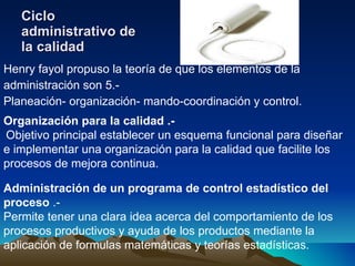 Ciclo administrativo de la calidad Henry fayol propuso la teoría de que los elementos de la administración son 5.- Planeación- organización- mando-coordinación y control. Organización para la calidad .- Objetivo principal establecer un esquema funcional para diseñar e implementar una organización para la calidad que facilite los procesos de mejora continua. Administración de un programa de control estadístico del proceso  .- Permite tener una clara idea acerca del comportamiento de los procesos productivos y ayuda de los productos mediante la aplicación de formulas matemáticas y teorías estadísticas. 