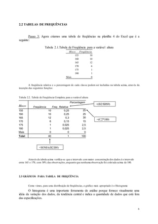 6
2.2 TABELAS DE FREQUÊNCIAS
Passo 3: Agora criamos uma tabela de freqüências na planilha 4 do Excel que é a
seguinte:
Tabela 2.1.Tabela de Freqüência para a variável altura
Bloco Freqüência
155 10
160 10
165 12
170 6
175 1
180 1
Mais 0
A freqüência relativa e a percentagem de cada classe podem ser incluídas na tabela acima, através da
inserção das seguintes funções:
Tabela 2.2. Tabela de Freqüência Completa para a variável altura
Bloco Freqüência Freq. Relativa
Percentagem
155 10 0,25 25
160 10 0,25 25
165 12 0,3 30
170 6 0,15 15
175 1 0,025 2,5
180 1 0,025 2,5
Mais 0 0 0
Total 40 1 100
Através da tabela acima verifica-se que o intervalo com maior concentração dos dados é o intervalo
entre 165 e 170, com 30% das observações,enquanto que nenhuma observação foi coletada acima de 180.
2.3 GRÁFICOS PARA TABELA DE FREQÜÊNCIA
Como vimos, para uma distribuição de freqüências, o gráfico mais apropriado é o Histograma
O histograma é uma importante ferramenta de análise porque fornece visualmente uma
idéia da variação dos dados, da tendência central e indica a quantidade de dados que está fora
das especificações.
=(B2/$B$9)
=(C2*100)
=SOMA(B2:B8)
 