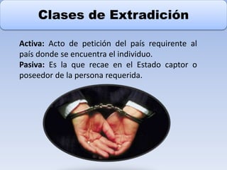 Clases de Extradición
Activa: Acto de petición del país requirente al
país donde se encuentra el individuo.
Pasiva: Es la que recae en el Estado captor o
poseedor de la persona requerida.
 