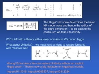 The Higgs’ vev scale determines the basic
KK mode mass and hence the radius of
the extra dimension… to go back to the
continuum we take it to infinity.
We’re left with a theory with a tower of massive Ws but no higgs.
What about Unitarity? – we must have a higgs to restore Unitarity
with massive Ws!!
Wrong! Extra heavy Ws can restore Unitarity without an explicit
Higgs boson - There’s now a big literature on higgsless models.
hep-ph/0111016, hep-ph/0305237, hep-ph/0312324
 