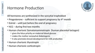medicoseacademics@gmail.com
0310-7990649
Hormone Production
All hormones are synthesized in the syncytial trophoblast
• Progesterone – sufficient to support pregnancy by 4th
month
• Estriol – until just before the end of pregnancy
• hCG – during first two months
• Human chorionic Somatomammotropin (human placental lactogen)
• gives the fetus priority on maternal blood glucose
• makes the mother somewhat diabetogenic
• It also promotes breast development for milk production
• Human chorionic thyrotropin
• Human chorionic corticotropin
44
 