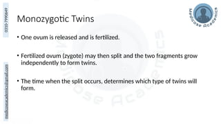 medicoseacademics@gmail.com
0310-7990649
Monozygotic Twins
• One ovum is released and is fertilized.
• Fertilized ovum (zygote) may then split and the two fragments grow
independently to form twins.
• The time when the split occurs, determines which type of twins will
form.
 