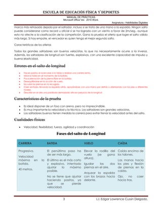 ESCUELA DE EDUCACIÓN FÍSICA Y DEPORTES
MANUAL DE PRÁCTICAS.
Microsoft Office Ver. 2010 Word.
Asignatura.- Habilidades Digitales
3 L.I. Edgar Lawrence Cussin Delgado.
marca más retrasada dejada por el saltador, incluso si se trata de una mano o la espalda. Ningún salto
puede considerarse como record u oficial si se ha logrado con un viento a favor de 2m/seg., aunque
esto no afecte a la clasificación de la competición. Gana la prueba el atleta que logre el salto válido
más largo. Si hay empate, el vencedor es quien tenga el mejor segundo salto.
Características de los atletas
Todos los grandes saltadores son buenos velocistas, lo que no necesariamente ocurre a la inversa.
Además, los saltadores de longitud son fuertes, explosivos, con una excelente capacidad de impulso y
buena elasticidad.
Errores en el salto de longitud
 Hacer pasitos al acercarse a la tabla o realizar una carrera lenta.
 Mirar la tabla en el momento de la batida.
 Poca elevación de la pierna libre en la batida.
 Desequilibrarse en la acción de vuelo.
 No subir las piernas en la recogida.
 Caer sentado, llevando la espalda atrás, apoyándose con una mano por detrás o aterrizando con los pies a diferentes
niveles.
 Describir en el aire una parábola demasiado alta en perjuicio de la longitud.
Características de la prueba
 Es ideal disponer de un foso con arena, pero no imprescindible.
 Es muy importante la velocidad y la técnica. Los saltadores son grandes velocistas.
 Los saltadores buenos tienen medida la carrera para evitar frenar la velocidad antes del salto.
Cualidades físicas
 Velocidad, flexibilidad, fuerza, agilidad y coordinación
Fases del salto de Longitud
CARRERA BATIDA VUELO CAÍDA
Progresiva.
Velocidad
máxima en la
batida.
40 metros.
El penúltimo paso ha
de ser más largo.
El último es el más corto
y explosivo, intentado
ajustar lo máximo
posible.
No se tiene que ajustar
haciendo pasitos, ya
que se pierde
velocidad.
Elevar la rodilla del
vuelo (se gana
altura).
Igualar las dos
piernas en el aire.
Arquear la espalda
con los brazos hacia
delante.
Caída encima de
los talones.
Las manos hacia
los pies y flexión
de piernas en la
caída.
Ojo, no caer
hacia tras.
 