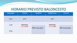 HORARIO PREVISTO BALONCESTO
HORARIO LUNES MARTES MIÉRCOLES JUEVES
16-17 3º-6º 3º-6º
17-18 INFANTIL
1º Y 2º EPO
INFANTIL
1º Y 2º EPO
ESO (17:30/18:30) ESO (17:30/18:30)
18-19
 