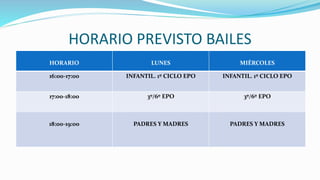 HORARIO PREVISTO BAILES
HORARIO LUNES MIÉRCOLES
16:00-17:00 INFANTIL. 1º CICLO EPO INFANTIL. 1º CICLO EPO
17:00-18:00 3º/6º EPO 3º/6º EPO
18:00-19:00 PADRES Y MADRES PADRES Y MADRES
 