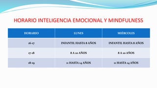 HORARIO INTELIGENCIA EMOCIONAL Y MINDFULNESS
HORARIO LUNES MIÉRCOLES
16-17 INFANTIL HASTA 8 AÑOS INFANTIL HASTA 8 AÑOS
17-18 8 A 10 AÑOS 8 A 10 AÑOS
18-19 11 HASTA 14 AÑOS 11 HASTA 14 AÑOS
 