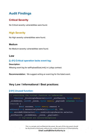 Audit Findings
Critical Severity
No Critical severity vulnerabilities were found.
High Severity
No High severity vulnerabilities were found.
Medium
No Medium-severity vulnerabilities were found.
Low
[L-01] Critical operation lacks event log:
Description:
IMissing event log for setPayloadSizeLimit() in LzApp contract.
Recommendation: We suggest writing an event log for the listed event.
Very Low / Informational / Best practices:
[I-01] Unused function:
// overriding the virtual function in LzReceiver
function _blockingLzReceive(uint16 _srcChainId, bytes memory
_srcAddress, uint64 _nonce, bytes memory _payload) internal virtual
override {
(bool success, bytes memory reason) =
address(this).excessivelySafeCall(gasleft(), 150,
abi.encodeWithSelector(this.nonblockingLzReceive.selector,
_srcChainId, _srcAddress, _nonce, _payload));
// try-catch all errors/exceptions
 
