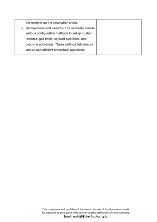 the receiver on the destination chain.
● Configuration and Security: The contracts include
various configuration methods to set up trusted
remotes, gas limits, payload size limits, and
precrime addresses. These settings help ensure
secure and efficient crosschain operations.
 