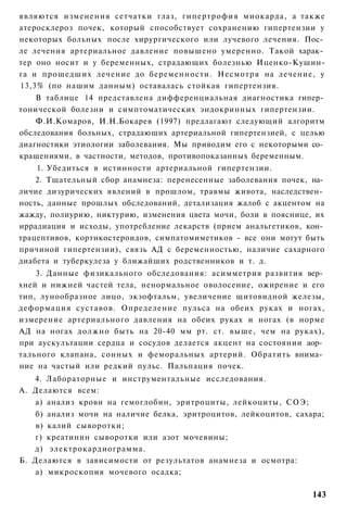 являются изменения сетчатки глаз, гипертрофия миокарда, а также
атеросклероз почек, который способствует сохранению гипертензии у
некоторых больных после хирургического или лучевого лечения. Пос­
ле лечения артериальное давление повышено умеренно. Такой харак­
тер оно носит и у беременных, страдающих болезнью Иценко-Кушин-
га и прошедших лечение до беременности. Несмотря на лечение, у
13,3% (по нашим данным) оставалась стойкая гипертензия.
    В таблице 14 представлена дифференциальная диагностика гипер­
тонической болезни и симптоматических эндокринных гипертензии.
    Ф.И.Комаров, И.Н.Бокарев (1997) предлагают следующий алгоритм
обследования больных, страдающих артериальной гипертензией, с целью
диагностики этиологии заболевания. Мы приводим его с некоторыми со­
кращениями, в частности, методов, противопоказанных беременным.
    1. Убедиться в истинности артериальной гипертензии.
    2. Тщательный сбор анамнеза: перенесенные заболевания почек, на­
личие дизурических явлений в прошлом, травмы живота, наследствен­
ность, данные прошлых обследований, детализация жалоб с акцентом на
жажду, полиурию, никтурию, изменения цвета мочи, боли в пояснице, их
иррадиация и исходы, употребление лекарств (прием анальгетиков, кон­
трацептивов, кортикостероидов, симпатомиметиков - все они могут быть
причиной гипертензии), связь АД с беременностью, наличие сахарного
диабета и туберкулеза у ближайших родственников и т. д.
    3. Данные физикального обследования: асимметрия развития вер­
хней и нижней частей тела, ненормальное оволосение, ожирение и его
тип, лунообразное лицо, экзофтальм, увеличение щитовидной железы,
деформация суставов. Определение пульса на обеих руках и ногах,
измерение артериального давления на обеих руках и ногах (в норме
АД на ногах должно быть на 20-40 мм рт. ст. выше, чем на руках),
при аускультации сердца и сосудов делается акцент на состоянии аор­
тального клапана, сонных и феморальных артерий. Обратить внима­
ние на частый или редкий пульс. Пальпация почек.
   4. Лабораторные и инструментальные исследования.
А. Делаются всем:
   а) анализ крови на гемоглобин, эритроциты, лейкоциты, СОЭ;
   б) анализ мочи на наличие белка, эритроцитов, лейкоцитов, сахара;
    в) калий сыворотки;
   г) креатинин сыворотки или азот мочевины;
   д) электрокардиограмма.
Б. Делаются в зависимости от результатов анамнеза и осмотра:
   а) микроскопия мочевого осадка;

                                                                 143
 