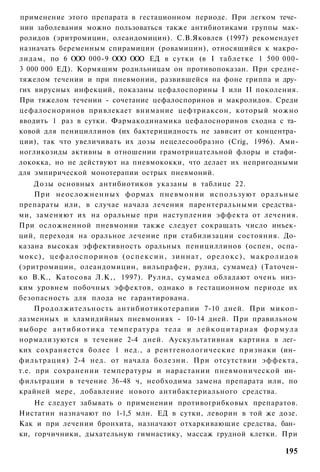применение этого препарата в гестационном периоде. При легком тече­
нии заболевания можно пользоваться также антибиотиками группы мак-
ролидов (эритромицин, олеандомицин). С.В.Яковлев (1997) рекомендует
назначать беременным спирамицин (ровамицин), относящийся к макро-
лидам, по 6 ООО 000-9 ООО ООО ЕД в сутки (в I таблетке 1 500 000-
3 000 000 ЕД). Кормящим родильницам он противопоказан. При средне-
тяжелом течении и при пневмонии, развившейся на фоне гриппа и дру­
гих вирусных инфекций, показаны цефалоспорины I или II поколения.
При тяжелом течении - сочетание цефалоспоринов и макролидов. Среди
цефалосноринов привлекает внимание цефтриаксон, который можно
вводить 1 раз в сутки. Фармакодинамика цефалосноринов сходна с та­
ковой для пенициллинов (их бактерицидность не зависит от концентра­
ции), так что увеличивать их дозы нецелесообразно (Crig, 1996). Ами-
ногликозиды активны в отношении грамотрицательной флоры и стафи­
лококка, но не действуют на пневмококки, что делает их непригодными
для эмпирической монотерапии острых пневмоний.
     Дозы основных антибиотиков указаны в таблице 22.
     При неосложненных формах п н е в м о н и и используют оральные
препараты или, в случае начала лечения парентеральными средства­
ми, заменяют их на оральные при наступлении эффекта от лечения.
При осложненной пневмонии также следует сокращать число инъек­
ций, переходя на оральное лечение при стабилизации состояния. До­
казана высокая эффективность оральных пенициллинов (оспен, оспа-
мокс), ц е ф а л о с п о р и н о в ( о с п е к с и н , з и н н а т , о р е л о к с ) , м а к р о л и д о в
(эритромицин, олеандомицин, вильпрафен, рулид, сумамед) (Таточен-
ко В.К., Катосова Л.К,, 1997). Рулид, сумамед обладают очень низ­
ким уровнем побочных эффектов, однако в гестационном периоде их
безопасность для плода не гарантирована.
     Продолжительность антибиотикотерапии 7-10 дней. При микоп-
лазменных и хламидийных пневмониях - 10-14 дней. При правильном
выборе а н т и б и о т и к а температура тела и л е й к о ц и т а р н а я ф о р м у л а
нормализуются в течение 2-4 дней. Аускультативная картина в лег­
ких сохраняется более 1 нед., а рентгенологические признаки (ин­
фильтрация) 2-4 нед. от начала болезни. При отсутствии эффекта,
т.е. при сохранении температуры и нарастании пневмонической ин­
фильтрации в течение 36-48 ч, необходима замена препарата или, по
крайней мере, добавление нового антибактериального средства.
    Не следует забывать о применении противогрибковых препаратов.
Нистатин назначают по 1-1,5 млн. ЕД в сутки, леворин в той же дозе.
Как и при лечении бронхита, назначают отхаркивающие средства, бан­
ки, горчичники, дыхательную гимнастику, массаж грудной клетки. При

                                                                                                    195
 