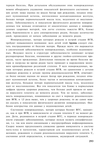 терную болезнь. При детальном обследовании этих новорожденных
можно обнаружить ухудшение показателей физического состояния та­
ких детей: ниже оценка по шкале Апгар при рождении, позднее отпа­
дает п у п о в и н н ы й остаток, и н т е н с и в н е е конъюгационная желтуха,
больше потеря первоначальной массы тела, медленнее ее восстанов­
ление. Заболеваемость и показатели физического развития новорож­
денных тем меньше отличаются от аналогичных данных у новорож­
денных здоровых матерей, чем легче степень тяжести ВГА, ближе
срок беременности к дате своевременных родов, больше количество
дней, прошедших от начала заболевания до момента родов.
    Новорожденные, матери которых рожали в острой стадии ВГВ,
требуют повышенного внимания: всех детей этой 1руппы следует счи­
тать пострадавшими от болезни матери. Прежде всего это выражается
в увеличенной заболеваемости новорожденных, особенно недоношен­
ных. Ведущее место в структуре заболеваемости занимают острые
респираторные болезни, пневмонии и другие гнойно-септические про­
цессы, часто врожденные. Длительная гипоксия во время болезни ма­
тери и нагрузка во время родов часто приводят к нарушениям мозго­
вого кровообращения различной степени. У всех новорожденных, ма­
тери которых рожали в острой стадии ВГВ, по сравнению с детьми
здоровых рожениц и детьми группы реконвалесцентов ВГВ, отмечают­
ся более низкие оценки по шкале Апгар при рождении, позднее отпа­
дает пуповинный остаток, более частая и интенсивная конъюгацион­
ная желтуха, большая потеря первоначальной массы тела, медленнее
идет ее восстановление. Все эти показатели тем ближе к нормальным
цифрам группы здоровых рожениц, чем больше дней прошло от нача­
ла вирусного гепатита до момента родов. Тем не менее, заболевае­
мость новорожденных, появившихся на свет в периоде реконвалесцен-
ции ВГВ, в 1,5 раза выше, чем у здоровых рожениц; то же самое мож­
но сказать о показателях физического развития новорожденных. Осо­
бенно контрастны эти данные у недоношенных детей.
    Состояние новорожденных, матери которых болеют ВГС, находит­
ся, как и при ВГВ, в зависисмости от стадии гепатита С на момент ро­
дов. Дети, родившиеся в острой стадии ВГС, в периоде новорожден-
ности страдают заболеваниями, которые нельзя назвать специфически­
ми, т.е. так или иначе связанными с внутриутробным инфицированием.
Скорее можно предположить снижение уровня иммунитета в системе
мать-плод и патологию, характерную для недоношенных детей. У
женщин, рожавших в стадии реконвалесценции вирусного гепатита С,
состояние детей определяется, в основном, акушерской ситуацией.

                                                                          293
 