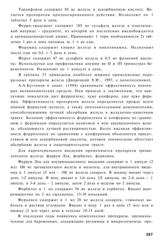 Тардиферон содержит 80 мг железа и аскорбиновую кислоту. Яв­
ляется препаратом п р о л о н г и р о в а н н о г о д е й с т в и я . Н а з н а ч а ю т по 1
таблетке 2 раза в день.
    Ферро-градумент содержит 105 мг сульфата железа в пластичес­
кой матрице - градумете, из которой он постепенно высвобождается
в двенадцатиперстной кишке. Принимают 1 (при необходимости 2) таб­
летки 1 раз в день натощак за 1 ч до еды.
    Ф е р а м и д содержит хлорид железа и н и к о т и н а м и д . Н а з н а ч а ю т
после еды по 0,1 г 3 раза в день.
    Ферол содержит 47 мг сульфата железа и 0,5 мг фолиевой кисло­
ты. Используется для профилактики анемии во II и III триместрах бе­
ременности. Назначают по 1 капсуле в день.
    В таблице 33 приведены наиболее ш и р о к о применяемые перо-
ральные препараты железа (Дворецкий Л.И., 1997, с дополнениями).
    А.А.Бугланов и соавт. (1994) сравнивали эффективность некото­
рых антианемических средств. Они пришли к заключению, что наи­
лучшие показатели дает ферроплекс, хуже конферон, еще хуже фера­
мид. Эффективность препаратов железа определяется прежде всего
ионной формулой металла, а также дополнительными компонентами,
способствующими лучшей абсорбции железа в желудочно-кишечном
тракте. Большая эффективность ферроплекса и конферона по сравне­
нию с ферамидом определяется наличием в нем двухвалентного желе­
за, обладающего лучшей растворимостью. Более высокая эффектив­
ность ферроплекса по сравнению с конфероном объясняется присут­
ствием в нем аскорбиновой кислоты, которая значительно облегчает
абсорбцию железа в пищеварительном тракте.
   Для парентерального введения применяются препараты трехва­
лентного железа: феррум Лек, фербитол, ферковен.
    Феррум Лек для внутримышечного введения содержит в 1 ампуле (2
мл) 100 мг трехвалентного железа и мальтозу, для внутривенного введе­
ния в 1 ампуле (5 мл) - 100 мг железа сахарата. В мышцу вводят через
день 1-2 ампулы. В вену вводят в 1-й день 1/2 ампулы, во 2-й день - 1
ампулу, в 3-й день - 2 ампулы, затем 2 раза в неделю по 2 ампулы.
   Фербитол в 1 мл содержит 50 мг железа и сорбитол. Вводят внут­
римышечно по 2 мл ежедневно, 15-30 инъекций.
    Ферковен содержит в 1 мл 20 мг железа сахарата, глюконат ко­
бальта и раствор углеводов. Вводят в вену 1 раз в день (5 мл) или в
мышцу (2 мл) через день в течение 10-15 дней.
    В последние годы появились комплексные препараты, предназна­
ченные для беременных, содержащие витамины и микроэлементы: пре-


                                                                                       387
 