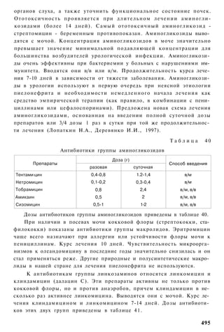 органов слуха, а также уточнить функциональное состояние почек.
О т о т о к с и ч н о с т ь п р о я в л я е т с я при д л и т е л ь н о м л е ч е н и и аминогли-
козидами (более 14 дней). С а м ы й о т о т о к с и ч н ы й аминогликозид -
стрептомицин - беременным противопоказан. Аминогликозиды выво­
дятся с мочой. Концентрация аминогликозидов в моче значительно
превышает значение минимальной подавляющей концентрации для
большинства возбудителей урологической инфекции. Аминогликози­
ды очень эффективны при бактериемии у больных с нарушениями им­
мунитета. Вводятся они в/в или в/м. Продолжительность курса лече­
ния 7-10 дней в зависимости от тяжести заболевания. Аминогликози­
ды в урологии используют в первую очередь при неясной этиологии
пиелонефрита и необходимости немедленного начала лечения как
средство эмпирической терапии (как правило, в комбинации с пени­
циллинами или цефалоспоринами). Предложена новая схема лечения
аминогликозидами, основанная на введении полной суточной дозы
препаратов или 3/4 дозы 1 раз в сутки при той же продолжительнос­
ти лечения (Лопаткин Н.А., Деревянко И.И., 1997).

                                                                            Таблица          40
                      Антибиотики группы аминогликозидов
                                                Доза (г)
         Препараты                                                          Способ введения
                                     разовая               суточная
 Тентами цин                          0,4-0,8               1.2-1,4                в/м
 Нетромицин                           0,1-0,2               0,3-0,4                в/м
Тобрамицин                              0,8                   2,4                в/м, в/в
Амикаин                                 0,5                    2                 в/м, в/в
 Сизомицин                             0,5-1                  1-2                в/м, в/в

    Дозы антибиотиков группы аминогликозидов приведены в таблице 40.
    При наличии в посевах мочи кокковой флоры (стрептококки, ста­
филококки) показаны антибиотики группы макролидов. Эритромицин
чаще всего назначают при аллергии или устойчивости флоры мочи к
пенициллинам. Курс лечения 10 дней. Чувствительность микроорга­
низмов к олеандомицину в последние годы значительно снизилась и он
стал применяться реже. Другие природные и полусинтетические макро­
лиды в нашей стране для лечения пиелонефрита не используются.
    К антибиотикам группы линкозаминов относятся линкомицин и
клиндамицин (далацин С). Эти препараты активны не только против
кокковой флоры, но и против анаэробов, причем клиндамицин в не­
сколько раз активнее линкомицина. Выводятся они с мочой. Курс ле­
чения клиндамицином и линкомицином 7-14 дней. Дозы антибиоти­
ков этих двух групп приведены в таблице 4 1 .

                                                                                            495
 