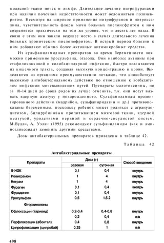 циальной ткани почек и лимфе. Длительное лечение нитрофуранами
при наличии почечной недостаточности может осложниться полинев­
ритом. Несмотря на широкое применение нитрофуранов и нитрокса-
лина, чувствительность флоры мочи больных пиелонефритом к ним
сохраняется практически на том же уровне, что и десять лет назад. В
связи с этим они заняли ведущее место в схемах длительного лечения
больных хроническим пиелонефритом. В острый период болезни к
ним добавляют обычно более активные антимикробные средства.
    Из сульфаниламидных препаратов во время беременности воз­
можно применение уросульфана, этазола. Они наиболее активны при
стафилококковой и колибациллярной инфекции, быстро всасываются
из кишечного тракта, создавая высокую концентрацию в крови. Вы­
деляются из организма преимущественно почками, что способствует
высокому антибактериальному действию по отношению к возбудите­
лям инфекции мочевыводящих путей. Препараты малотоксичны, но
за 10-14 дней до срока родов их лучше отменить, т.к. они могут выз­
вать ядерную желтуху у новорожденного. Сульфаниламиды пролон­
гированного действия (мадрибон, сульфапиридазин и др.) противопо­
казаны беременным, поскольку ребенок может родиться с агрануло-
цитозом, билирубиновым пропитыванием мозговой ткани, ядерной
желтухой, уродствами нервной и сердечно-сосудистой систем.
М.Вудли, А. Уэлан (1995) рекомендуют сульфаниламиды (как и ами-
ногликозиды) заменить другими средствами.
      Дозы антибактериальных препаратов приведены в таблице 42.

                                                                Таблица      42

                       Антибактериальные препараты
                                          Доза (г)
          Препараты                                             Способ введения
                               разовая               суточная
5-НОК                            0,1                    0,4         внутрь
Иевиграмон                        1                      4          внутрь
Неграм                            1                      4          внутрь
Фурагин                          0,1                    0,4         внутрь
Фурадонин                        0,1                    0,4         внутрь
Уросульфан                       0,5                   1.5-2        внутрь
        Фторхинолоны
Офлоксацин (таривид)            0,2-0,4               0,4-0,8       внутрь
                                  0,2                   0,4           в/в
Перфлоксацин (абоктал)            0,4                   0,8         внутрь
Ципрофлоксацин (ципробай)        0,25                    1            в/в


498
 