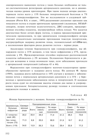 своевременного выявления гестоза у таких больных необходима не толь­
ко систематическая регистрация артериального давления, но и динами­
ческая оценка уровня протеинурии. При таком подходе авторы диагнос­
тировали гестоз всего у 15% больных гипертонической болезнью и 7%
больных гломерулонефритом. Эти же исследователи в следующей пуб­
ликации (Рогов В.А. и соавт., 1995) расценивают указанные признаки как
показатели гестоза в стадии критических проявлений (эклампсия, НЕЬЬР-
синдром, острая почечная недостаточность, ДВС-синдром, преждевре­
менная отслойка плаценты, внутриутробная гибель плода). Что касается
диагностики более легких форм гестоза, в период предшествующий кри­
тическим проявлениям, то при хроническом гломерулонефрите авторы
считают относительно значимыми признаками тяжелую гинертензию,
внутриутробную задержку развития плода, положительный го11-ОУег-тест,
а несомненным фактором риска развития гестоза - первые роды.
    Анализируя течение беременности при гломерулонефрите, мы об­
наружили гестоз у 3 5 % женщин, в том числе нефропатию у 27%, преэк-
лампсию у 8%. Преждевременная отслойка нормально расположенной
плаценты наблюдалась у 2% женщин. Осложнения беременности и ро­
дов для женщины и плода возникали чаще, если заболевание протекало
с артериальной гипертензией (таблицы 43 и 44).
    Нарушенное при гломерулонефрите маточно-плацентарное крово­
обращение приводит к задержке роста плода. По данным Ф. Ариас
(1989), задержка роста наблюдается в 10% случаев у женщин с заболева­
ниями почек с нормальным артериальным давлением и в 3 5 % - у бере­
менных с хроническим заболеванием почек и гипертензией. О задержке
роста плода судят по отставанию высоты стояния дна матки и ультразву­
ковым признакам: бипариетальному размеру головки и соотношению
окружности головки и живота.

                                                        Таблица       43

      Исходы беременности у женщин, больных гломерулонефритом (в %)

                        Преодевременные роды           Выкидыши
Беременные, Своевре­
   больные  менные         Самопро­ По меди­          Само­   По меди­
  нефритом   роды    Всего изволь­   цинским   Всего произво­ цинским
                              ные   показаниям        льные показаниям
С гипертен­   28,2    30,4   28,5      71,4    41.3    26,3     73,6
 зией (46)
Без гипер­      71,3   6,8    20,0     80,0    21,9   18.7     81,2
тензии (73)
Всего (119)     54,6   15,9   26,3     73,6    29,4   22,8     77,2



532
 