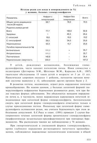 Таблица        44
               Исходы родов для плода и новорожденного (в %)
                  у женщин, больных гломерулонефритом

                                  Нефрит с           Нефрит без
Показатель                                                            Всего
                                гипертензией        гипертензии
Общее число родившихся              58,7                78,0           70,5
после 28 недель
Родилось живых детей
Всего                               77,7               100,0           92,8
Здоровых                              -                 40,3           29,4
С гипоксией                         19,0                19,3           19,2
С гипотрофией                       28,5                24,5           25,6
Недоношенных                        52,3                15,7           25,6
Погибло перинатально (в % )
                         о
Антенатально                        111,1                -             35,7
Интранатально                       111,1                -             35,7
Постнатально                        142,8                -             38,4
Перинатальная смертность            333,3                -            107,2

   У   детей,  рожденных     женщинами,      болеющими     гломе­
рулонефритом, часто находят патологию почек. Нами совместно с
педиатрами (Дегтярева Э.М., Шехтман М.М., Карасева А.Н., 1987)
тщательно обследованы 15 таких детей в возрасте от 3 до 15 лет.
Практически здоровым оказался 1 ребенок, патология органов моче­
вой системы выявлена у 12, заболевания других органов были у 2.
    В развитии гестоза, несомненно, играет роль нарушенное почечное
кровообращение. По нашим данным, у больных латентной формой гло­
мерулонефрита нефропатия беременных развивается реже, чем при бо­
лее тяжелых формах заболевания. Это объясняется меньшим поражени­
ем почек и, в частности, менее выраженным нарушением почечной ге­
модинамики при латентной форме гломерулонефрита. Антенатальная
смерть при латентной форме гломерулонефрита отмечается только в
случае присоединения гестоза. Поскольку при латентной форме гломе­
рулонефрита осложнения редки, мы считаем беременность при этом за­
болевании допустимой. Е.С.Рысс и соавт. (1991) приводят 2 случая бла­
гоприятного течения латентной формы хронического гломерулонефрита
(морфологически мезангиально-пролиферативного) при повторных бере­
менностях. Мы располагаем такими же наблюдениями у 78 женщин.
   При гипертонической и смешанной формах гломерулонефрита,
кроме г л у б о к о г о нарушения р е г и о н а р н о г о почечного кровообра­
щения, наблюдаются выраженные патологические изменения в общей


                                                                          533
 