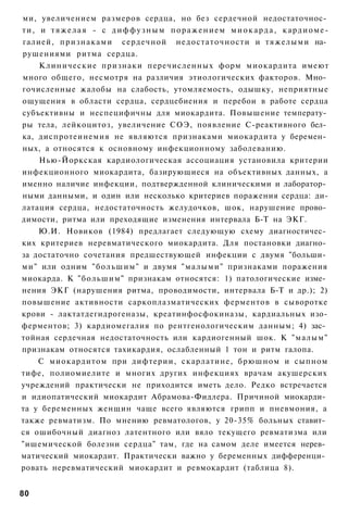 ми, увеличением размеров сердца, но без сердечной недостаточнос­
ти, и т я ж е л а я - с д и ф ф у з н ы м п о р а ж е н и е м м и о к а р д а , к а р д и о м е -
галией, признаками сердечной недостаточности и тяжелыми на­
рушениями ритма сердца.
     Клинические признаки перечисленных форм миокардита имеют
много общего, несмотря на различия этиологических факторов. Мно­
гочисленные жалобы на слабость, утомляемость, одышку, неприятные
ощущения в области сердца, сердцебиения и перебои в работе сердца
субъективны и неспецифичны для миокардита. Повышение температу­
ры тела, лейкоцитоз, увеличение СОЭ, появление С-реактивного бел­
ка, диспротеинемия не являются признаками миокардита у беремен­
ных, а относятся к основному инфекционному заболеванию.
     Нью-Йоркская кардиологическая ассоциация установила критерии
инфекционного миокардита, базирующиеся на объективных данных, а
именно наличие инфекции, подтвержденной клиническими и лаборатор­
ными данными, и один или несколько критериев поражения сердца: ди-
латация сердца, недостаточность желудочков, шок, нарушение прово­
димости, ритма или преходящие изменения интервала Б-Т на ЭКГ.
     Ю.И. Новиков (1984) предлагает следующую схему диагностичес­
ких критериев неревматического миокардита. Для постановки диагно­
за достаточно сочетания предшествующей инфекции с двумя "больши­
м и " или одним " б о л ь ш и м " и двумя "малыми" признаками поражения
миокарда. К "большим" признакам относятся: 1) патологические изме­
нения ЭКГ (нарушения ритма, проводимости, интервала Б-Т и др.); 2)
повышение активности саркоплазматических ферментов в сыворотке
крови - лактатдегидрогеназы, креатинфосфокиназы, кардиальных изо-
ферментов; 3) кардиомегалия по рентгенологическим данным; 4) зас­
тойная сердечная недостаточность или кардиогенный шок. К "малым"
признакам относятся тахикардия, ослабленный 1 тон и ритм галопа.
     С миокардитом при дифтерии, скарлатине, брюшном и сыпном
тифе, полиомиелите и многих других инфекциях врачам акушерских
учреждений практически не приходится иметь дело. Редко встречается
и идиопатический миокардит Абрамова-Фидлера. Причиной миокарди­
та у беременных женщин чаще всего являются грипп и пневмония, а
также ревматизм. По мнению ревматологов, у 20-35% больных ставит­
ся ошибочный диагноз латентного или вяло текущего ревматизма или
"ишемической болезни сердца" там, где на самом деле имеется нерев­
матический миокардит. Практически важно у беременных дифференци­
ровать неревматический миокардит и ревмокардит (таблица 8).


80
 
