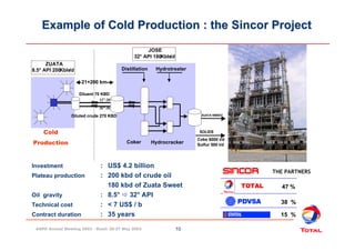Example of Cold Production : the Sincor Project 
JOSE 
32° API 180 Kbls/d 
Distillation Hydrotreater 
Diluted crude 270 KB...