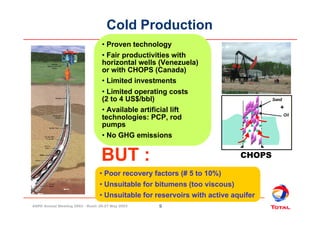 Cold Production 
• Proven technology 
• Fair productivities with 
horizontal wells (Venezuela) 
or with CHOPS (Canada) 
• ...