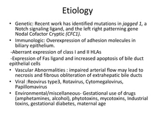 Etiology
• Genetic: Recent work has identified mutations in jagged 1, a
Notch signaling ligand, and the left right patterning gene
Nodal Cofactor Cryptic (CFC1).
• Immunologic: Overexpression of adhesion molecules in
biliary epithelium.
-Aberrant expression of class I and II HLAs
-Expression of Fas ligand and increased apoptosis of bile duct
epithelial cells
• Vascular Abnormalities : impaired arterial flow may lead to
necrosis and fibrous obliteration of extrahepatic bile ducts
• Viral :Reovirus type3, Rotavirus, Cytomegalovirus,
Papillomavirus
• Environmental/miscellaneous- Gestational use of drugs
(amphetamines, alcohol), phytotoxins, mycotoxins, Industrial
toxins, gestational diabetes, maternal age
 