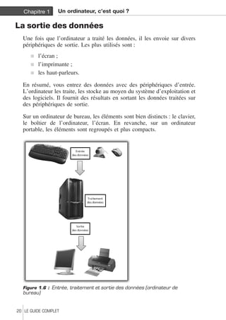 Chapitre 1 Un ordinateur, c’est quoi ? 
La sortie des données 
Une fois que l’ordinateur a traité les données, il les envoie sur divers 
périphériques de sortie. Les plus utilisés sont : 
j l’écran ; 
j l’imprimante ; 
j les haut-parleurs. 
En résumé, vous entrez des données avec des périphériques d’entrée. 
L’ordinateur les traite, les stocke au moyen du système d’exploitation et 
des logiciels. Il fournit des résultats en sortant les données traitées sur 
des périphériques de sortie. 
Sur un ordinateur de bureau, les éléments sont bien distincts : le clavier, 
le boîtier de l’ordinateur, l’écran. En revanche, sur un ordinateur 
portable, les éléments sont regroupés et plus compacts. 
Figure 1.6 : Entrée, traitement et sortie des données (ordinateur de 
bureau) 
20 LE GUIDE COMPLET 
 