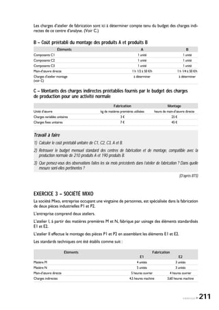 Les charges d’atelier de fabrication sont ici à déterminer compte tenu du budget des charges indi-
rectes de ce centre d’analyse. (Voir C.)
B – Coût préétabli du montage des produits A et produits B
Éléments A B
Composants C1 1 unité 1 unité
Composants C2 1 unité 1 unité
Composants C3 1 unité 1 unité
Main-d’œuvre directe 1 h 1/2 à 50 ¤/h 1 h 1/4 à 50 ¤/h
Charges d’atelier montage à déterminer à déterminer
(voir C)
C – Montants des charges indirectes préétablies fournis par le budget des charges
de production pour une activité normale
Fabrication Montage
Unité d’œuvre kg de matières premières utilisées heure de main-d’œuvre directe
Charges variables unitaires 3 ¤ 25 ¤
Charges fixes unitaires 7 ¤ 45 ¤
Travail à faire
1) Calculer le coût préétabli unitaire de C1, C2, C3, A et B.
2) Retrouver le budget mensuel standard des centres de fabrication et de montage, compatible avec la
production normale de 210 produits A et 190 produits B.
3) Que pensez-vous des observations faites les six mois précédents dans l’atelier de fabrication ? Dans quelle
mesure sont-elles pertinentes ?
(D’après BTS)
EXERCICE 3 – SOCIÉTÉ MIXO
La société Mixo, entreprise occupant une vingtaine de personnes, est spécialisée dans la fabrication
de deux pièces industrielles P1 et P2.
L’entreprise comprend deux ateliers.
L’atelier I, à partir des matières premières M et N, fabrique par usinage des éléments standardisés
E1 et E2.
L’atelier II effectue le montage des pièces P1 et P2 en assemblant les éléments E1 et E2.
Les standards techniques ont été établis comme suit :
Éléments Fabrication
E1 E2
Matière M 4 unités 3 unités
Matière N 5 unités 3 unités
Main-d’œuvre directe 5 heures ouvrier 4 heures ouvrier
Charges indirectes 4,5 heures machine 3,60 heures machine
EXERCICES 211
 