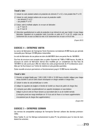 Travail à faire
1) Calculer les coûts standard unitaires de production des éléments E1 et E2, et des produits finis P1 et P2.
2) Calculer les coûts standard unitaires des en-cours de production relatifs :
– aux éléments E1 et E2 ;
– aux produits P1 et P2.
3) Évaluer, selon la méthode adoptée, les en-cours de fabrication :
– au 1er mars N ;
– au 31 mars N.
4) Déterminer quantitativement en unités de production et par élément de coût, pour l’atelier I et pour chaque
fabrication, l’équivalent de la production réelle (c’est-à-dire en unités de E1 et de E2), compte tenu de
l’achèvement des en-cours au début du mois et de l’avancement des en-cours en fin de mois.
(D’après DECF)
EXERCICE 4 – ENTREPRISE VARTIN
Le centre de fabrication de l’entreprise Vartin fonctionne normalement 8 000 heures par période
mensuelle pour fabriquer 25 000 pièces industrielles.
Le coût de fabrication de ces pièces est alors de 660 000 ¤ dont une partie fixe de 160 000 ¤.
Ces frais de structure sont acceptés dans un palier d’activité de 7 000 à 9 000 heures. Au-delà, la
structure du centre de fabrication devrait être modifiée par un complément de frais fixes de
120 000 ¤ et cela aurait pour effet de réduire les coûts proportionnels de 4 % (réductions accor-
dées par les fournisseurs sur l’achat de matières en plus grandes quantités).
Cette nouvelle structure permettrait un fonctionnement jusqu’à 12 000 heures mensuelles.
Travail à faire
1) Présenter un budget flexible pour 7 000, 8 000, 9 000 et 10 000 heures d’activité. Indiquez pour chaque
niveau d’activité le coût de l’unité d’œuvre décomposée en charges variables et charges fixes.
2) Calculer la valeur du coût préétabli pour ce centre.
3) Indiquer les équations des budgets en fonction de l’activité sur chacun des paliers de charges fixes.
4) L’entreprise peut utiliser exceptionnellement ses capacités inemployées en sous-traitance.
Indiquer le prix de vente de l’heure facturée au sous-traitant dans le cas de l’activité normale.
(L’entreprise prend une marge bénéficiaire de 10 % du coût de l’heure et ces heures supplémentaires
n’occasionnent pas de charges fixes supplémentaires.)
(D’après PLP)
EXERCICE 5 – ENTREPRISE GERMAIN
Les services de comptabilité analytique de l’entreprise Germain utilisent des données prévision-
nelles.
Dans l’atelier A, où l’on fabrique exclusivement la pièce P1, les prévisions pour le mois de mars
étaient les suivantes :
EXERCICES 213
 