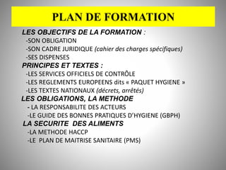 PLAN DE FORMATION
LES OBJECTIFS DE LA FORMATION :
-SON OBLIGATION
-SON CADRE JURIDIQUE (cahier des charges spécifiques)
-SES DISPENSES
PRINCIPES ET TEXTES :
-LES SERVICES OFFICIELS DE CONTRÔLE
-LES REGLEMENTS EUROPEENS dits « PAQUET HYGIENE »
-LES TEXTES NATIONAUX (décrets, arrêtés)
LES OBLIGATIONS, LA METHODE
- LA RESPONSABILITE DES ACTEURS
-LE GUIDE DES BONNES PRATIQUES D’HYGIENE (GBPH)
LA SECURITE DES ALIMENTS
-LA METHODE HACCP
-LE PLAN DE MAITRISE SANITAIRE (PMS)
2
 